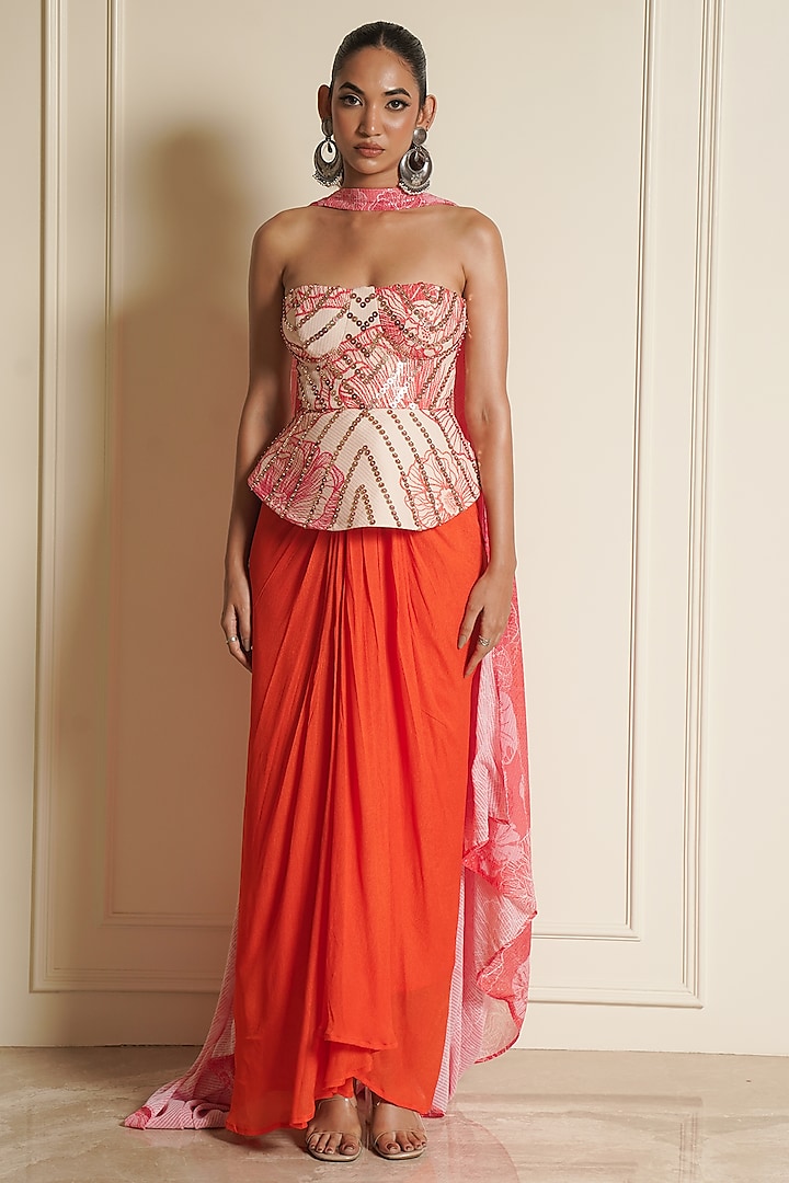 Orange Crepe Draped Skirt Set by Vesture at Pernia's Pop Up Shop