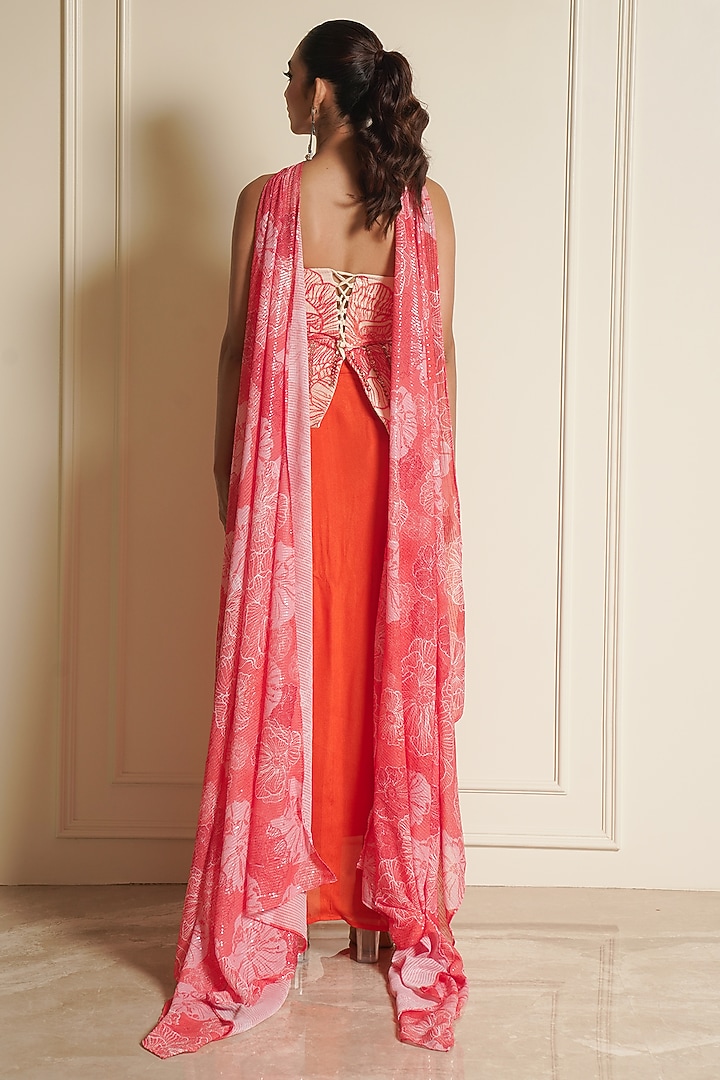 Orange Crepe Draped Skirt Set by Vesture at Pernia's Pop Up Shop