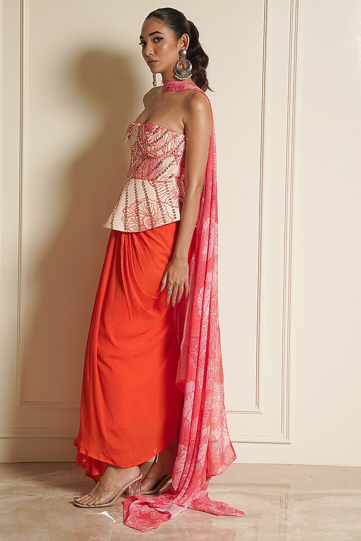 Orange Crepe Draped Skirt Set by Vesture at Pernia's Pop Up Shop