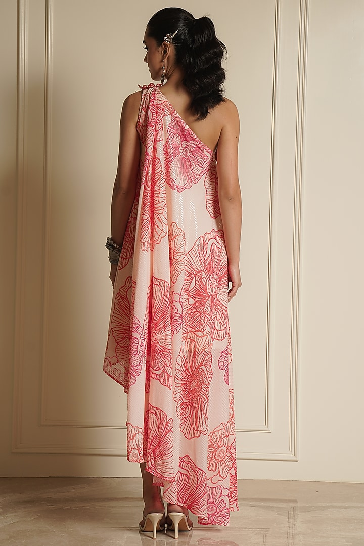 Cream Sequins Printed & Embellished One-Shoulder Kaftan by Vesture at Pernia's Pop Up Shop