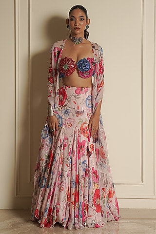 Pink Chiffon Printed Fish-Cut Lehenga Set by Vesture