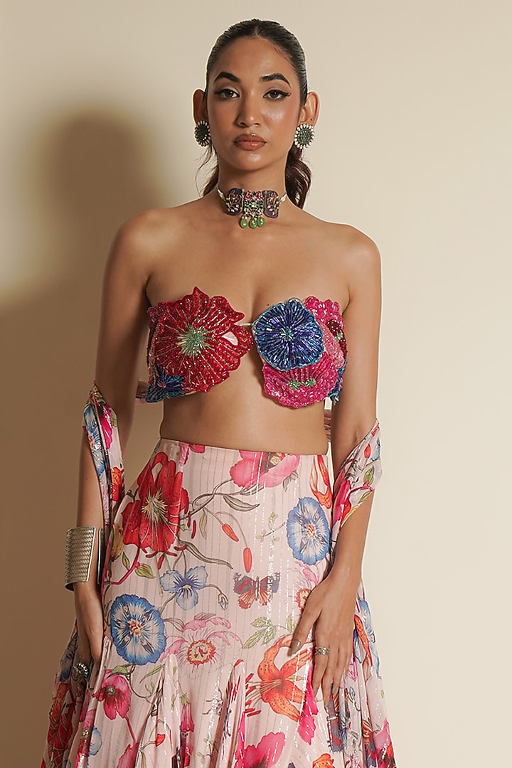 Pink Chiffon Printed Fish-Cut Wedding Lehenga Set by Vesture at Pernia's Pop Up Shop