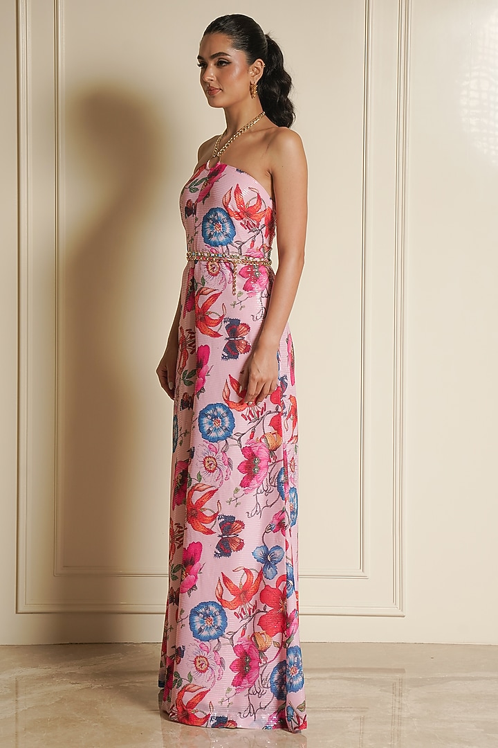 Pink Sequins Printed Jumpsuit With Belt by Vesture at Pernia's Pop Up Shop