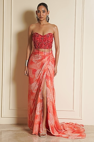Orange Chiffon Shimmer Draped Skirt Set by Vesture
