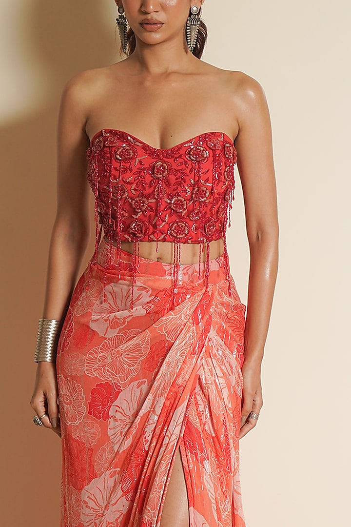 Orange Chiffon Shimmer Draped Skirt Set by Vesture at Pernia's Pop Up Shop