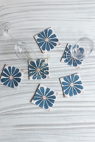 Powder Blue Pure Handwoven Cotton Hand Embroidered Coasters (Set of 2) by Veaves