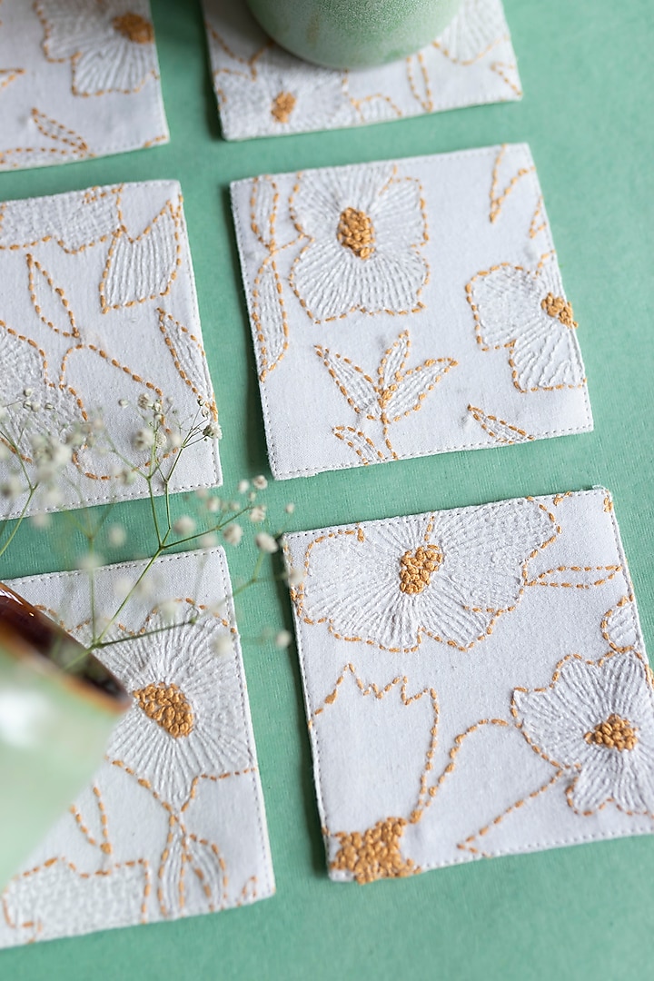 White Pure Handwoven Cotton Hand Embroidered Coasters (Set of 2) by Veaves at Pernia's Pop Up Shop
