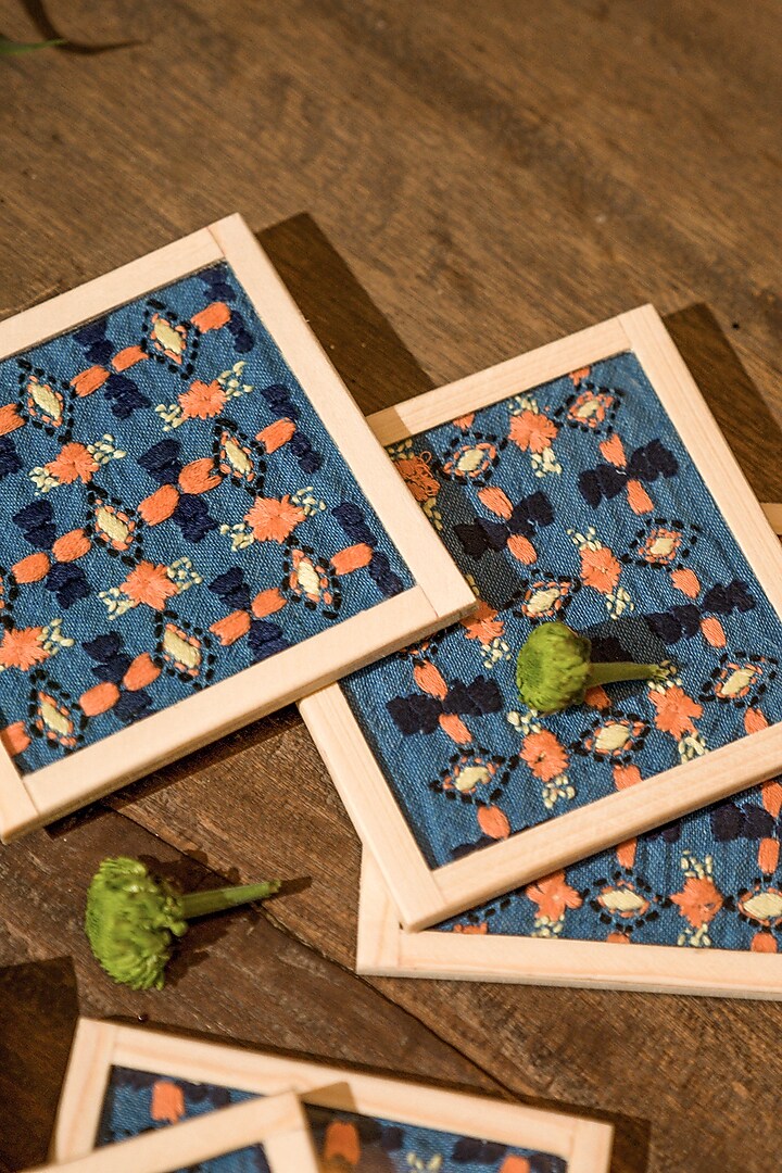 Cobalt Blue Pure Handwoven Cotton Hand Embroidered Coasters (Set of 2) by Veaves at Pernia's Pop Up Shop