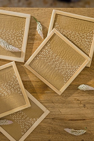 Beige Pure Handwoven Cotton Hand Embroidered Coasters (Set of 2) by Veaves