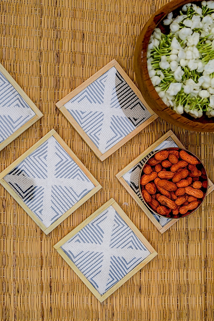 White Pure Handwoven Cotton Hand Embroidered Coasters (Set of 2) by Veaves at Pernia's Pop Up Shop