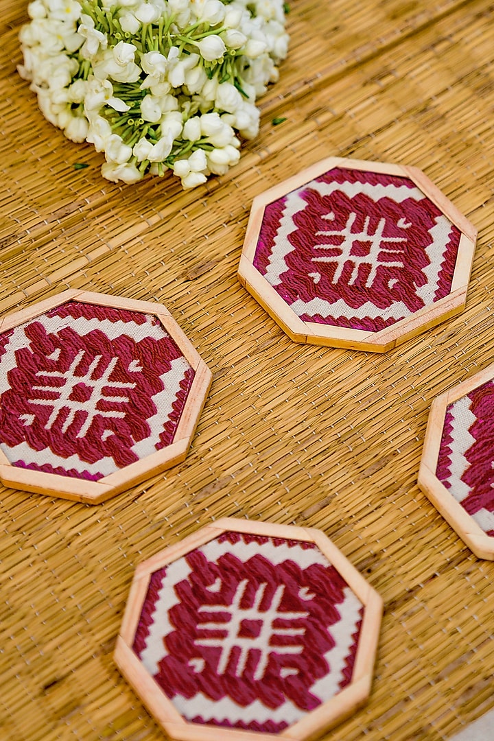 Pink Pure Handwoven Cotton Hand Embroidered Coasters (Set of 2) by Veaves at Pernia's Pop Up Shop