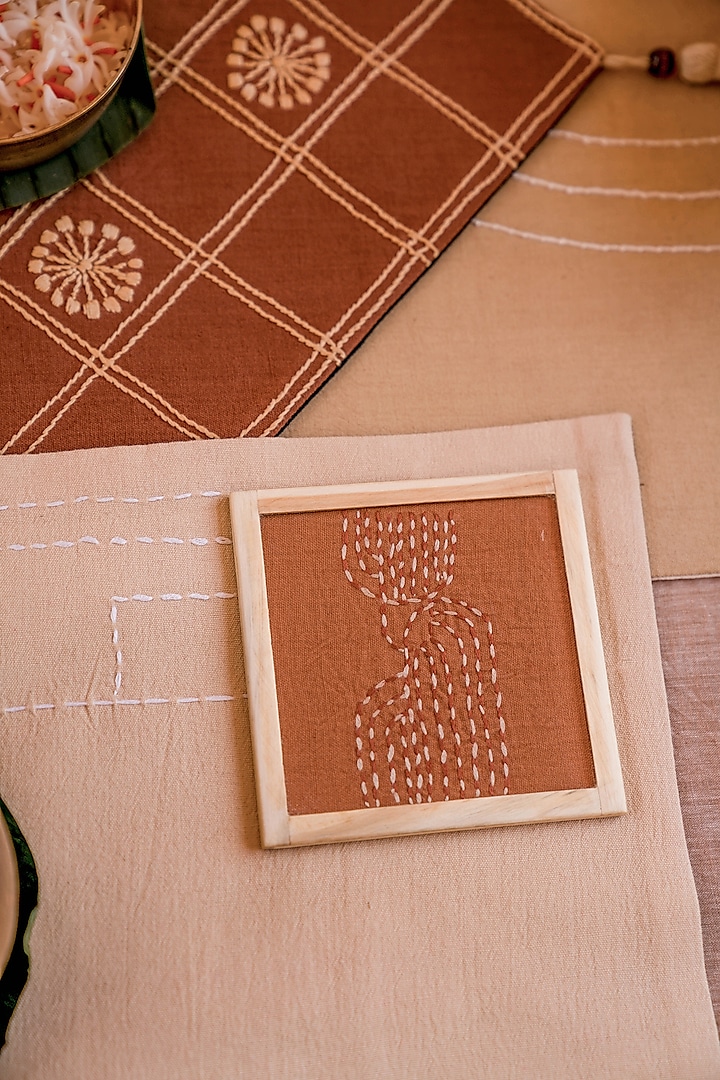Brown Pure Handwoven Cotton Hand Embroidered Coasters (Set of 2) by Veaves