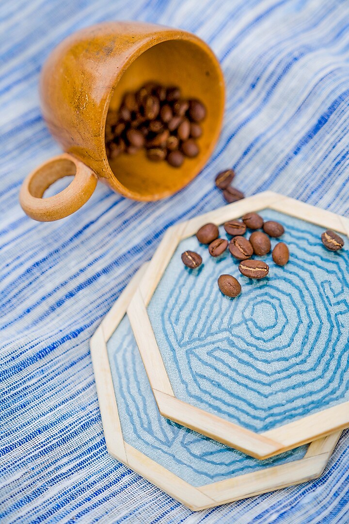 Blue Pure Handwoven Cotton Hand Embroidered Coasters (Set of 2) by Veaves at Pernia's Pop Up Shop