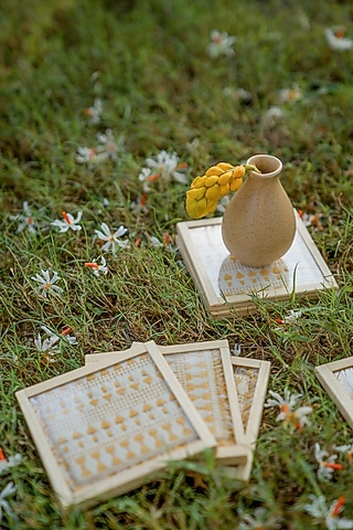 White & Yellow Pure Handwoven Cotton Hand Embroidered Coasters (Set of 2) by Veaves