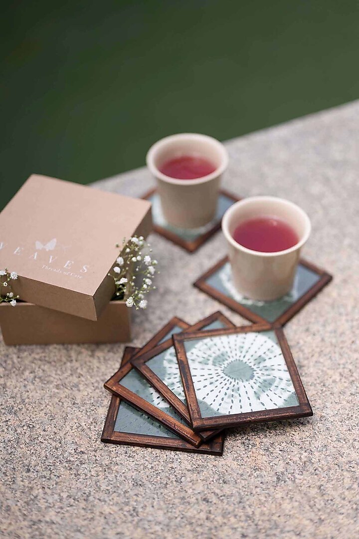 Green Pure Handwoven Cotton Abstract Printed Coasters (Set of 2) by Veaves at Pernia's Pop Up Shop