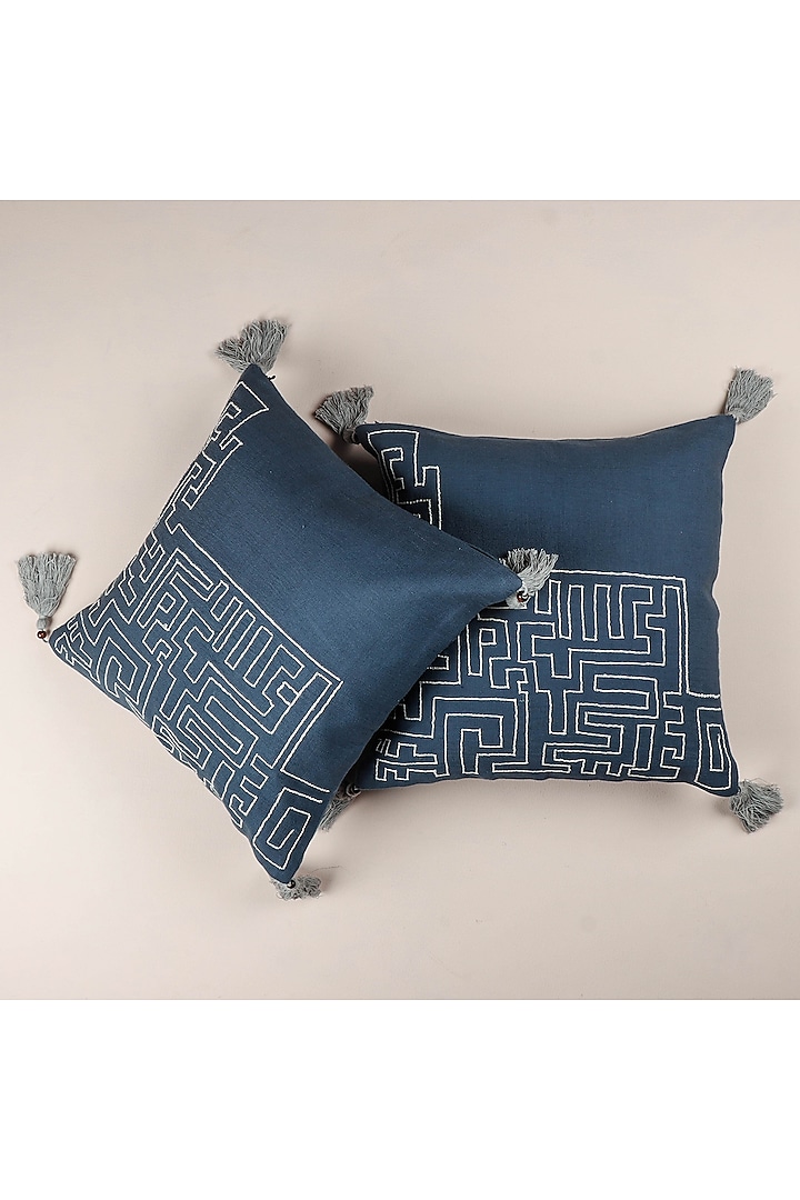 Cobalt Blue Pure Handwoven Cotton Embellished Cushion Cover by Veaves