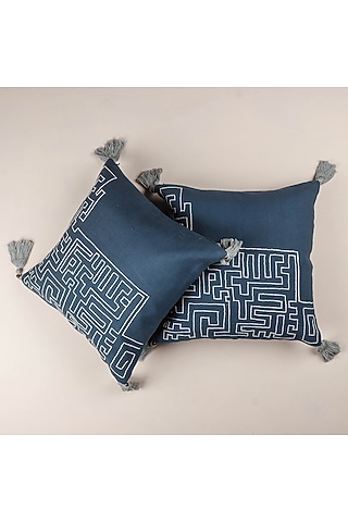 Cobalt Blue Pure Handwoven Cotton Embellished Cushion Cover by Veaves