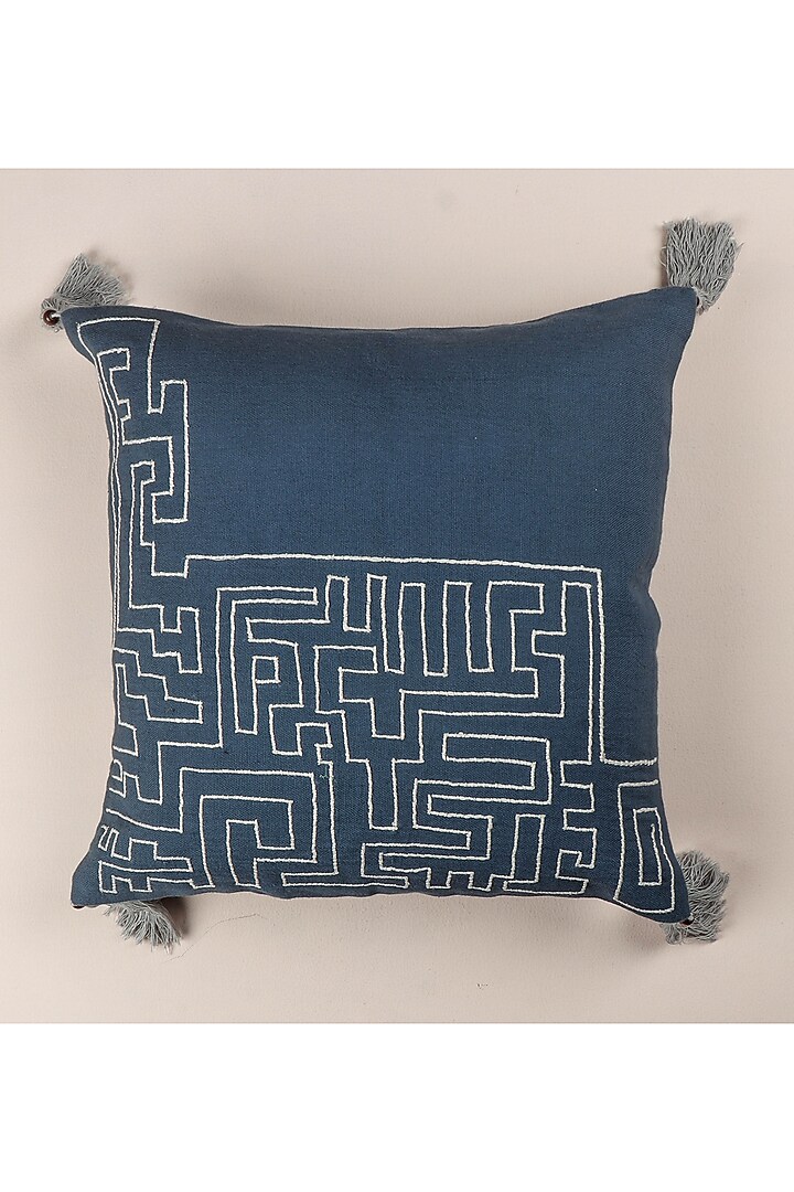 Cobalt Blue Pure Handwoven Cotton Embellished Cushion Cover by Veaves at Pernia's Pop Up Shop