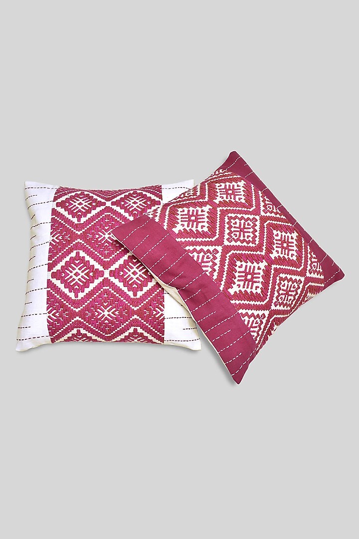 Pink Pure Handwoven Cotton Hand Embroidered Cushion Cover (Set of 2) by Veaves