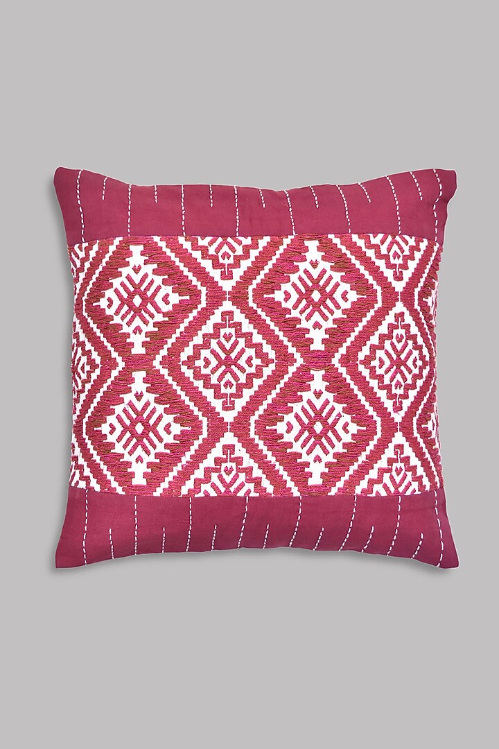 Pink Pure Handwoven Cotton Hand Embroidered Cushion Cover (Set of 2) by Veaves at Pernia's Pop Up Shop