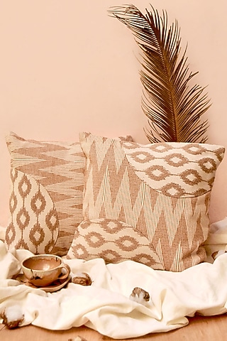 Brown Pure Handwoven Cotton Hand Embroidered Cushion Cover by Veaves