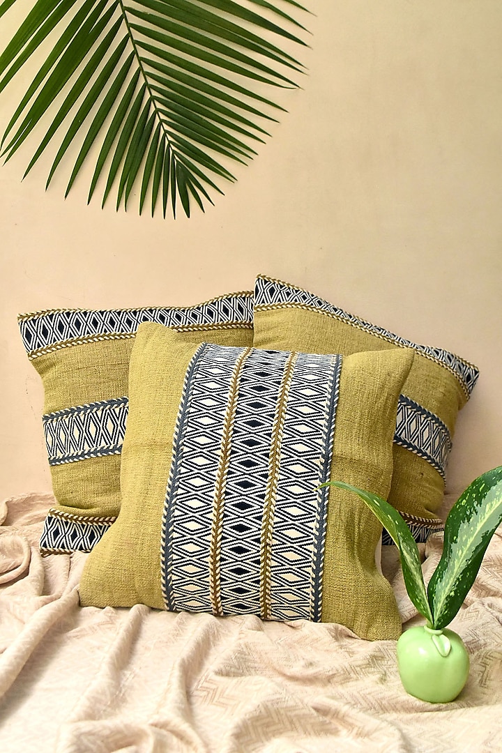 Green Pure Handwoven Cotton Cushion Cover (Set of 2) by Veaves