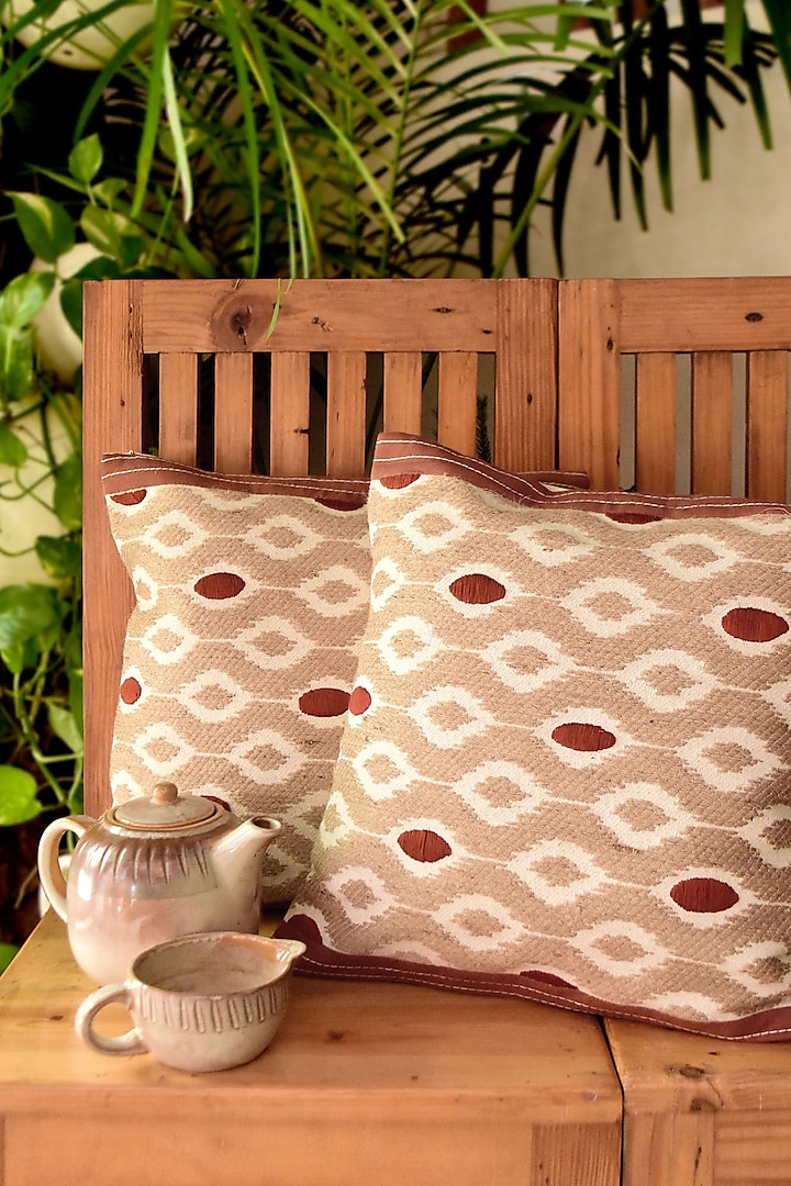 Brown Pure Handwoven Cotton Embroidered Cushion Cover by Veaves
