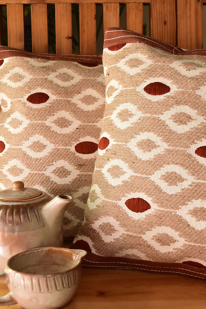 Brown Pure Handwoven Cotton Embroidered Cushion Cover by Veaves at Pernia's Pop Up Shop