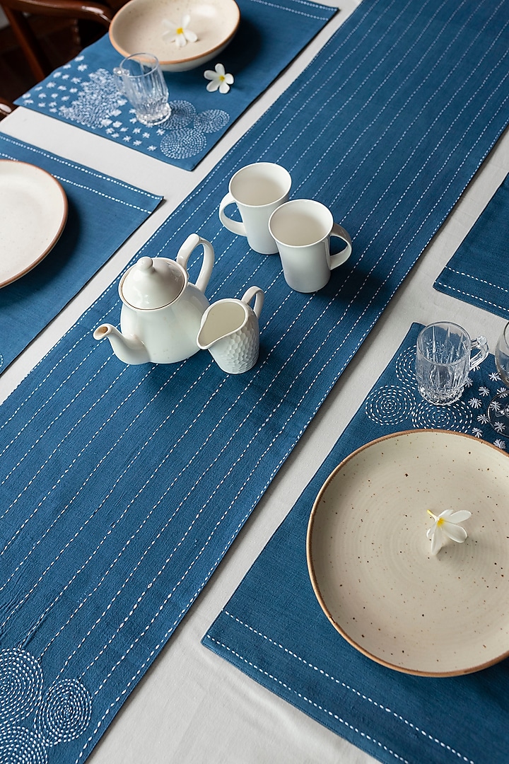 Cobalt Blue Pure Handwoven Cotton Embroidered Dining Set by Veaves