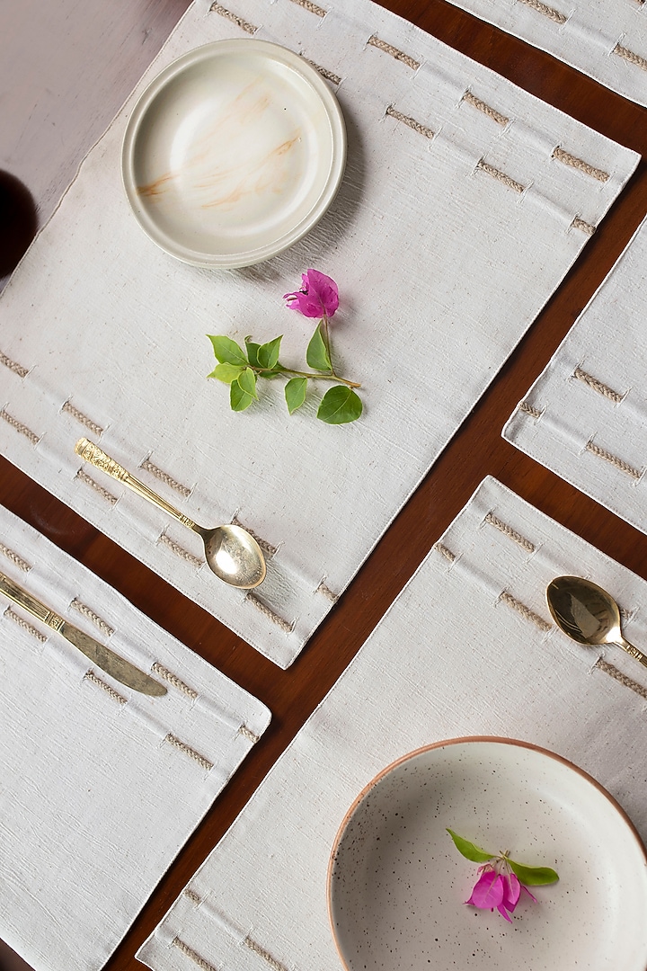 White Pure Handwoven Cotton Embroidered Dining Set by Veaves at Pernia's Pop Up Shop