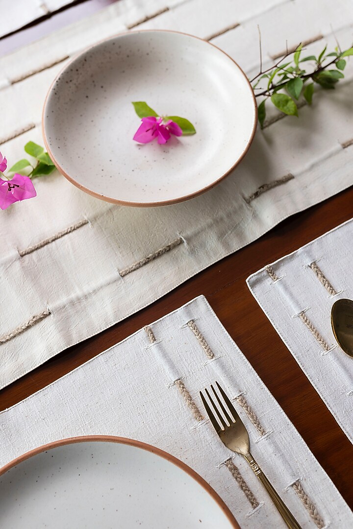 White Pure Handwoven Cotton Embroidered Dining Set by Veaves at Pernia's Pop Up Shop