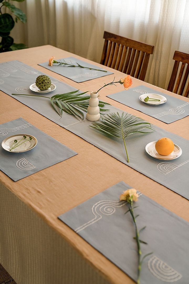 Powder Blue Pure Handwoven Cotton Hand Embroidered Dining Set by Veaves at Pernia's Pop Up Shop