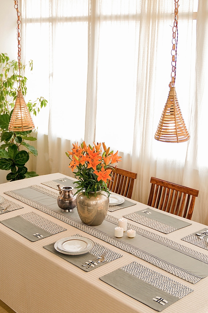 Grey Pure Handwoven Cotton Hand Embroidered Dining Set by Veaves at Pernia's Pop Up Shop