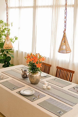 Grey Pure Handwoven Cotton Hand Embroidered Dining Set by Veaves