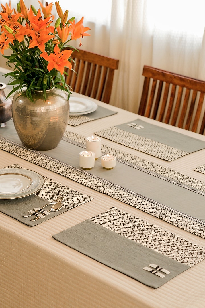 Grey Pure Handwoven Cotton Hand Embroidered Dining Set by Veaves at Pernia's Pop Up Shop
