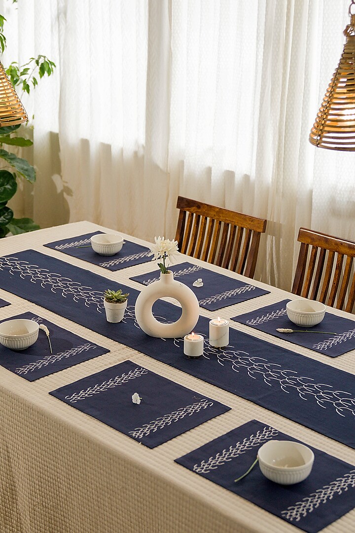 Blue Pure Handwoven Cotton Embroidered Dining Set by Veaves