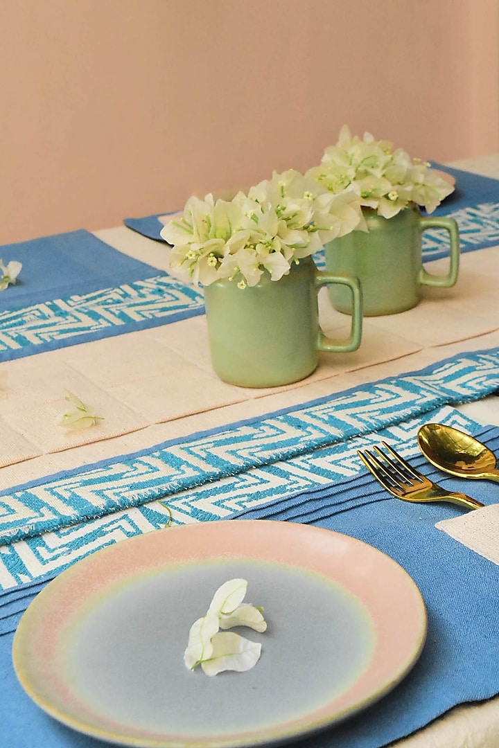 Powder Blue Pure Handwoven Cotton Dining Set by Veaves