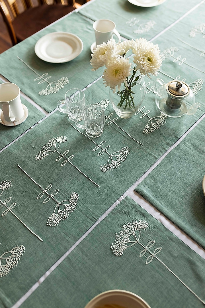 Green Pure Handwoven Cotton Dining Set by Veaves
