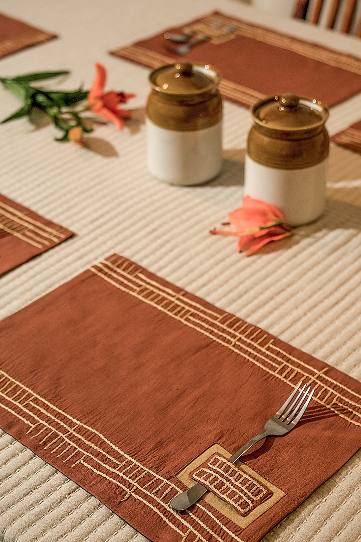 Brown Pure Handwoven Cotton Table Mats (Set of 6) by Veaves