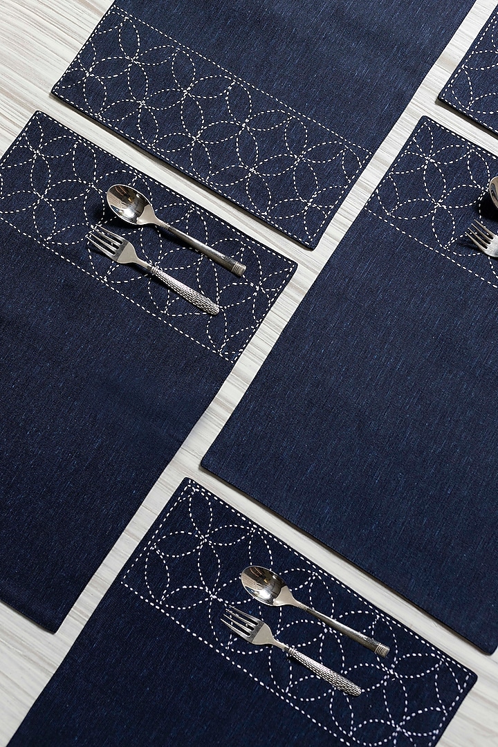 Midnight Blue Pure Handwoven Cotton Table Mats (Set of 6) by Veaves