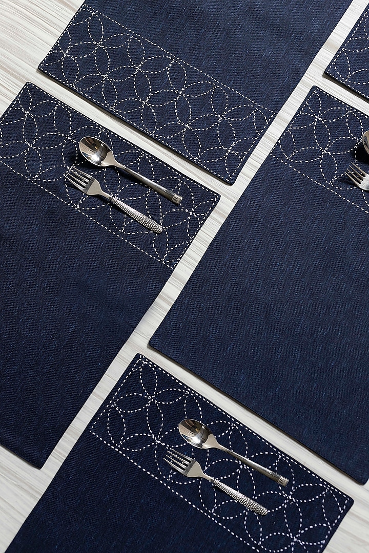 Midnight Blue Pure Handwoven Cotton Table Mats (Set of 6) by Veaves at Pernia's Pop Up Shop