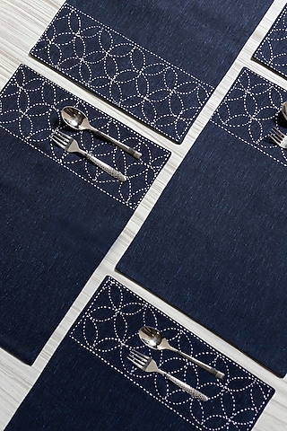 Midnight Blue Pure Handwoven Cotton Table Mats (Set of 6) by Veaves