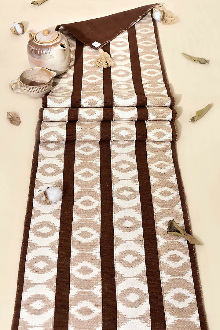 Beige Pure Handwoven Cotton Table Runner by Veaves at Pernia's Pop Up Shop