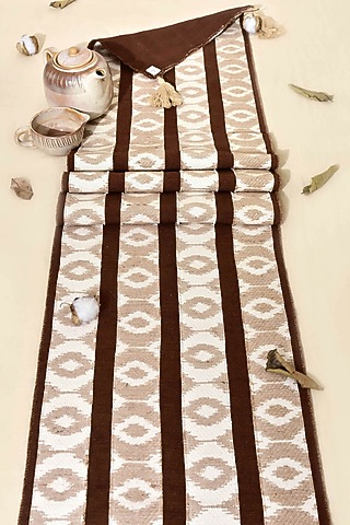 Beige Pure Handwoven Cotton Table Runner by Veaves