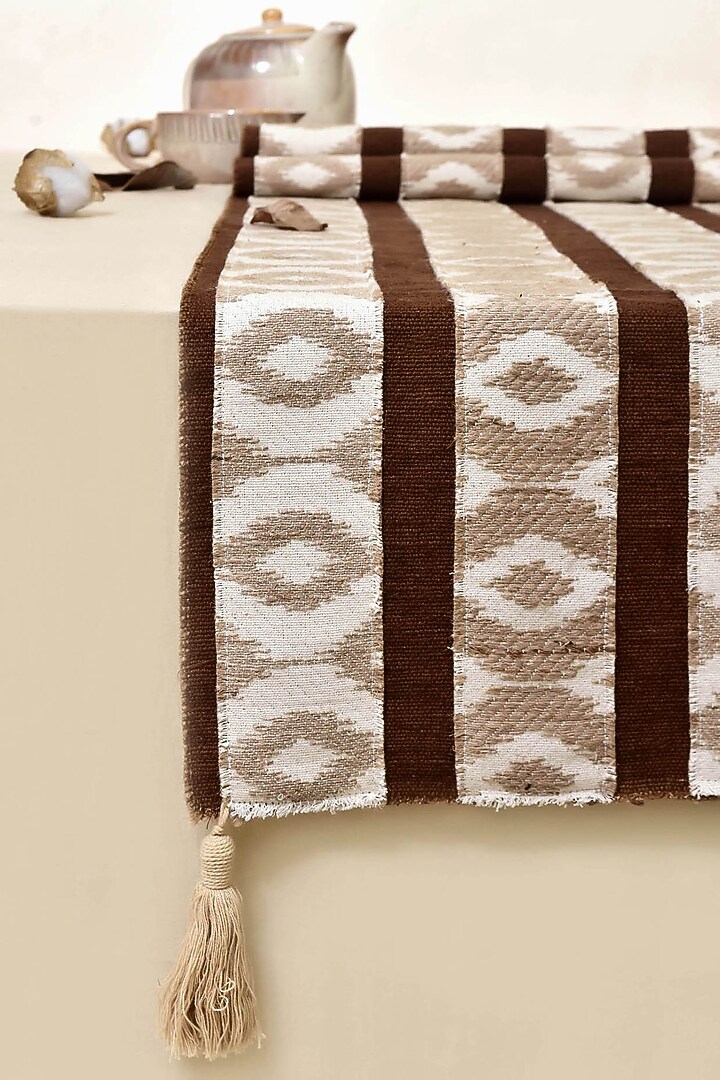Beige Pure Handwoven Cotton Table Runner by Veaves at Pernia's Pop Up Shop