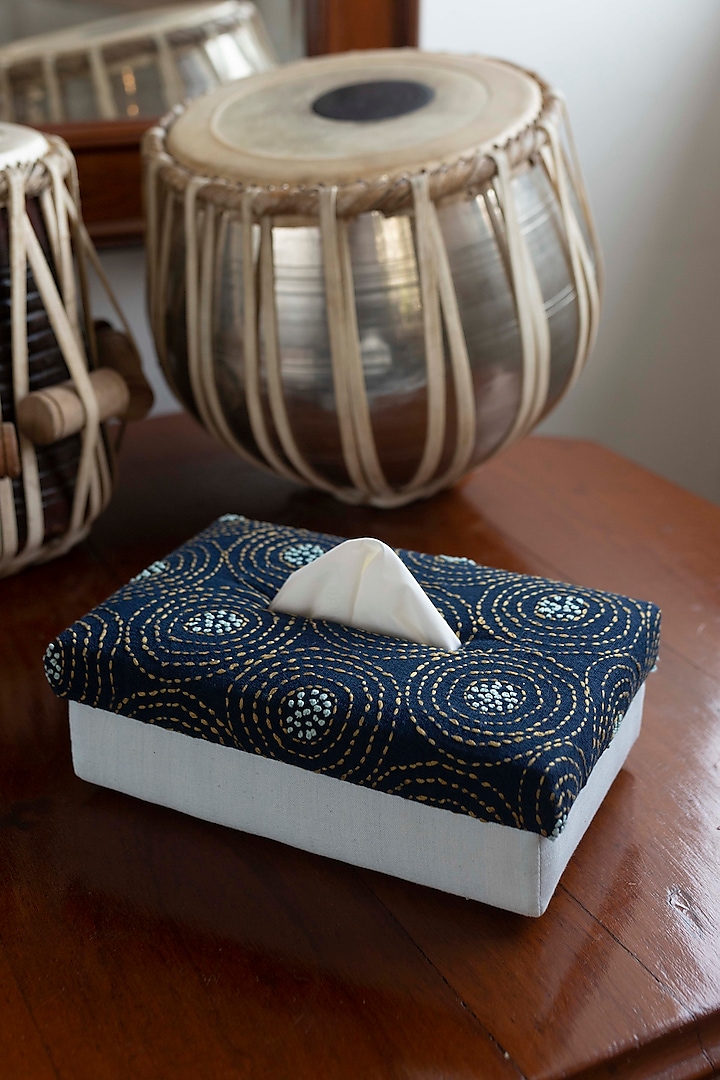 Blue Pure Handwoven Cotton Tissue Box by Veaves