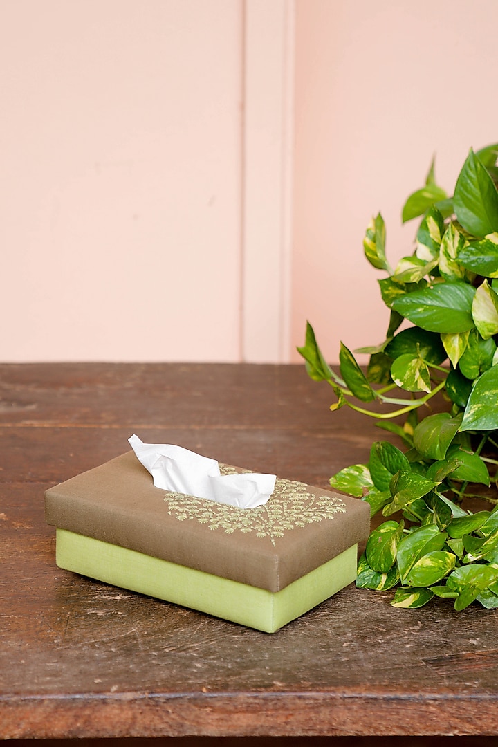 Olive Green Pure Handwoven Cotton Tissue Box by Veaves