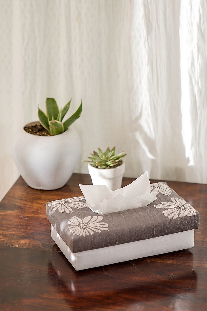 Grey Pure Handwoven Cotton Tissue Box by Veaves