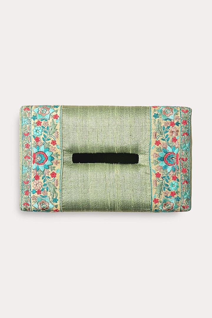 Olive Green Hand Embroidered Tissue Box by Veaves at Pernia's Pop Up Shop
