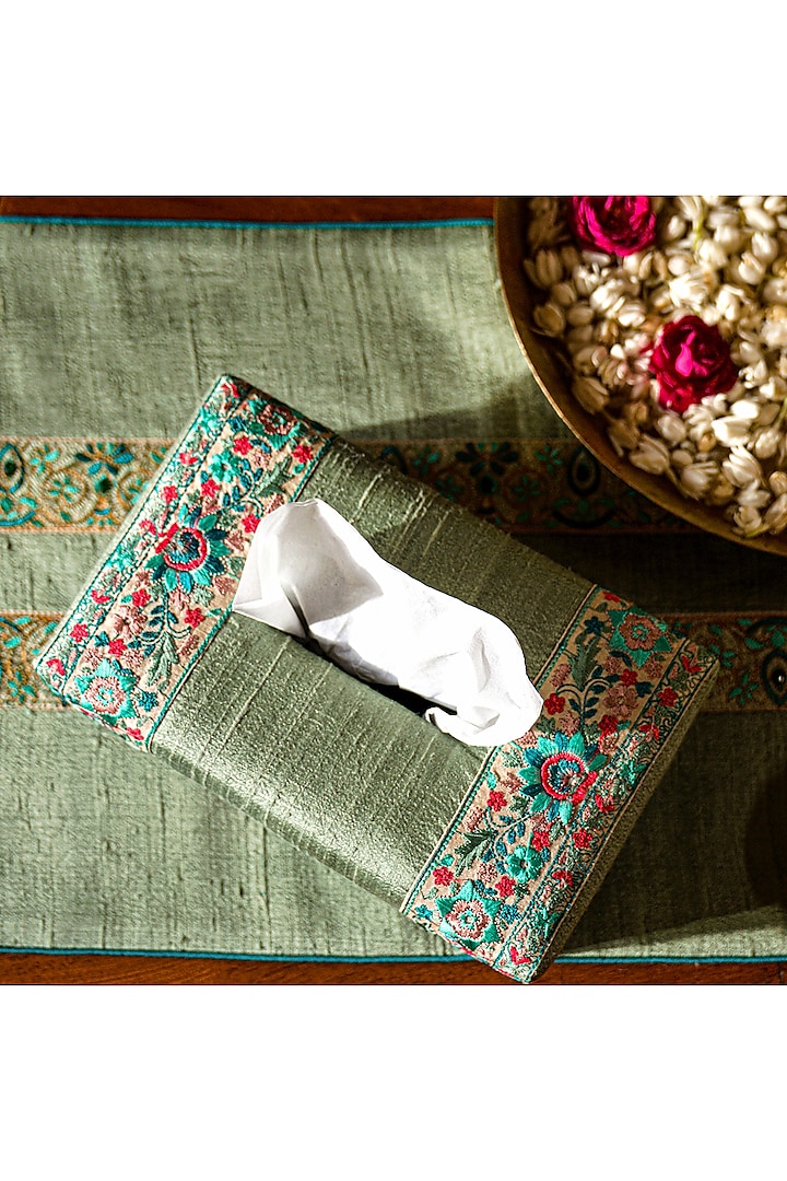 Olive Green Hand Embroidered Tissue Box by Veaves